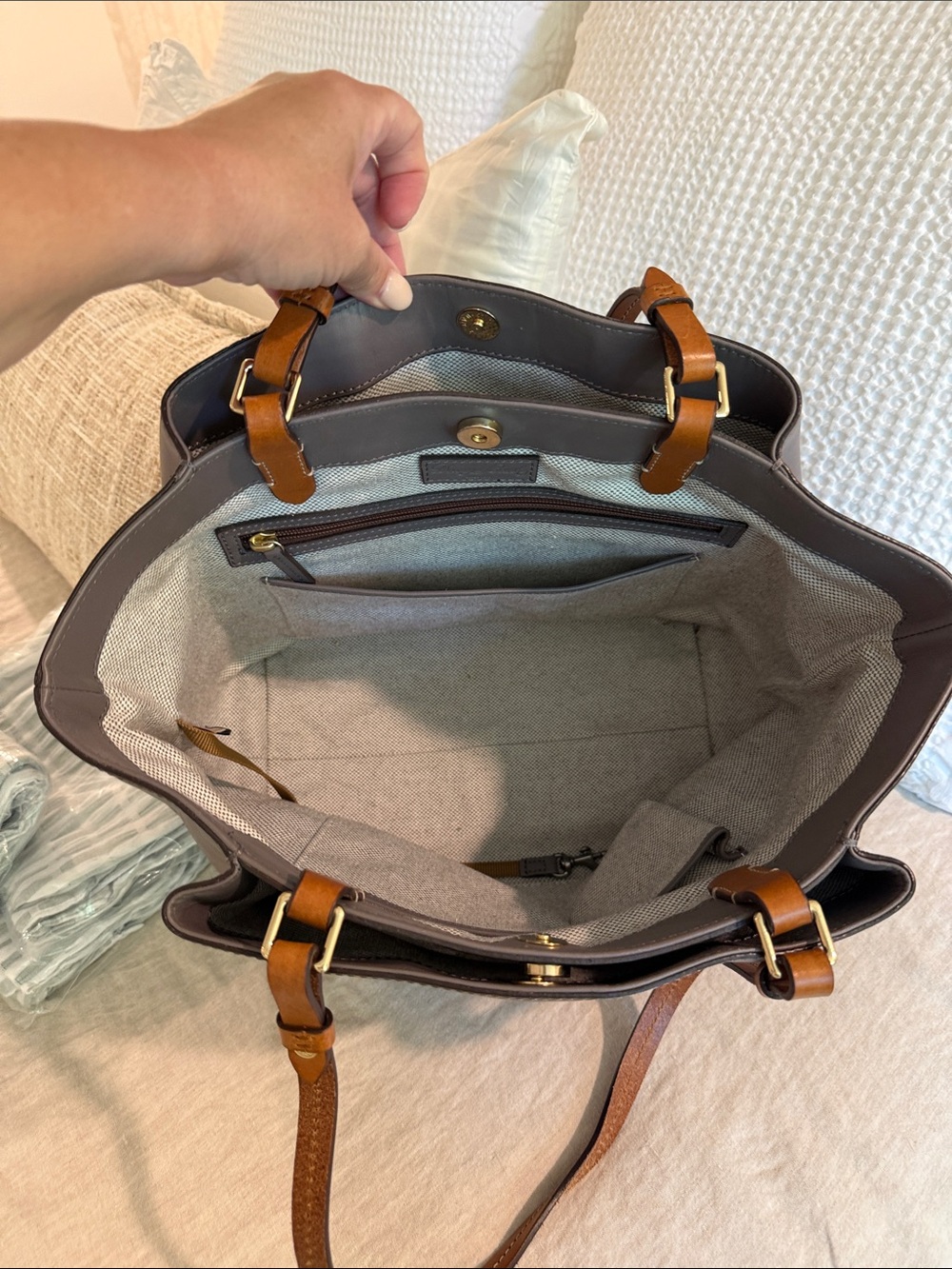 Dooney & Bourke Gray Tote with Tan Leather Handles - Picture 4 of 5